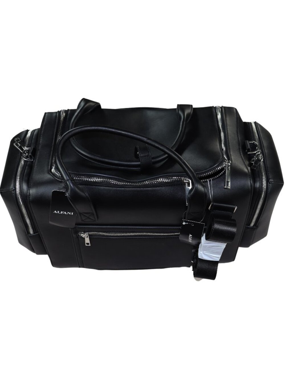 Alfani Faux Leather Multi-Pocket Zippered Duffle Bag Shoulder Strap & Handle NWT